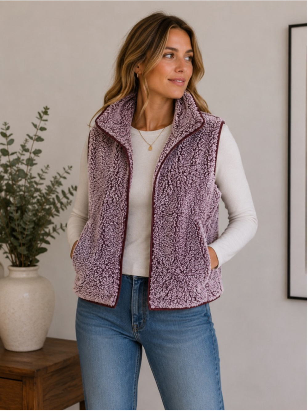 Women's Fantastic Fawn Vest Size L Purple Sherpa Summer
